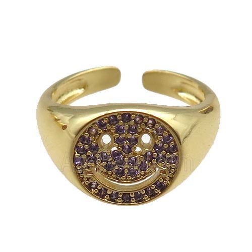 copper rings paved purple zircon with smileface emoji, adjustable, gold plated