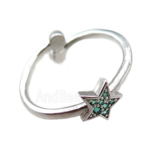 adjustable copper ring with star pave green zircon, platinum plated