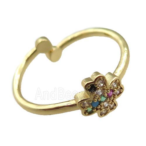 adjustable copper ring with clover pave zircon, gold plated