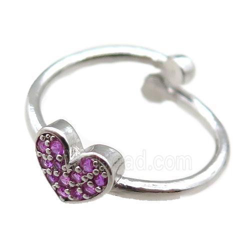 adjustable copper ring with heart pave hotpink zircon, platinum plated