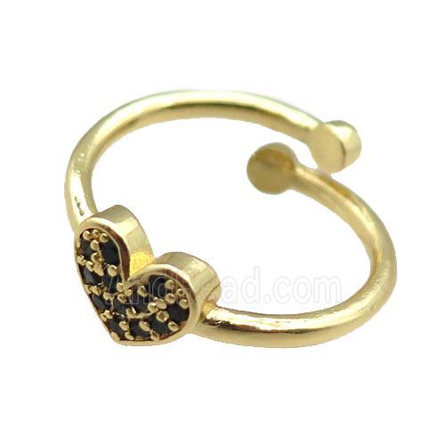 adjustable copper ring with heart pave zircon, gold plated