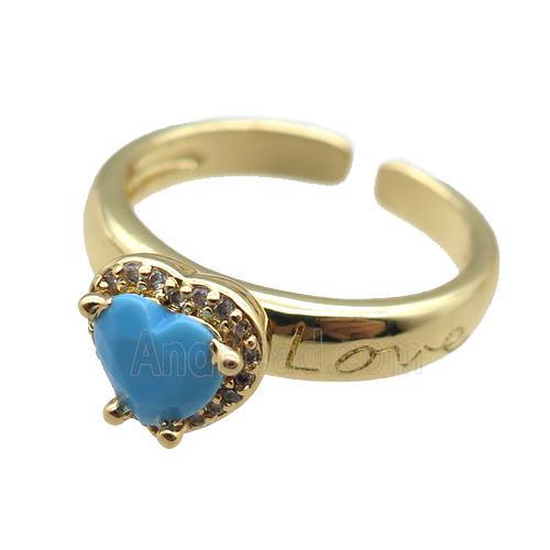 adjustable copper ring with heart pave zircon, gold plated