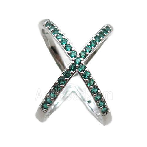 adjustable copper ring pave green zircon, plastinum plated