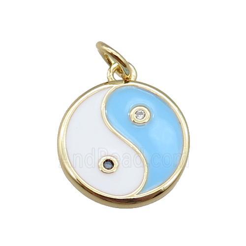 copper taichi pendant, enameled, gold plated