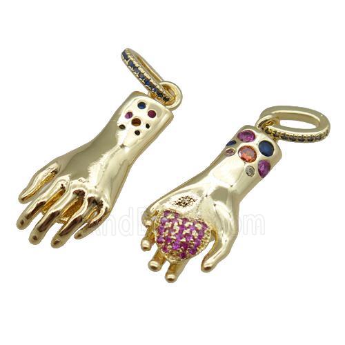 copper hand charmpendant pave zircon, heart, gold plated