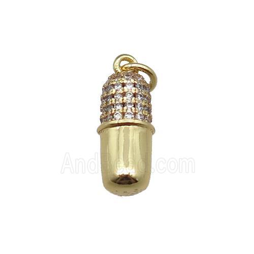 copper pill charm pendant pave zircon, gold plated