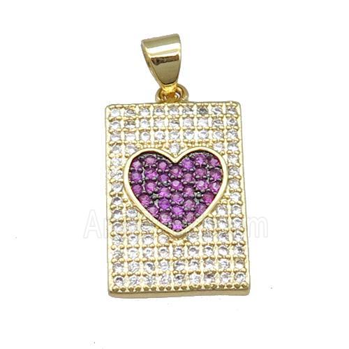copper rectangle pendant pave zircon, heart, gold plated