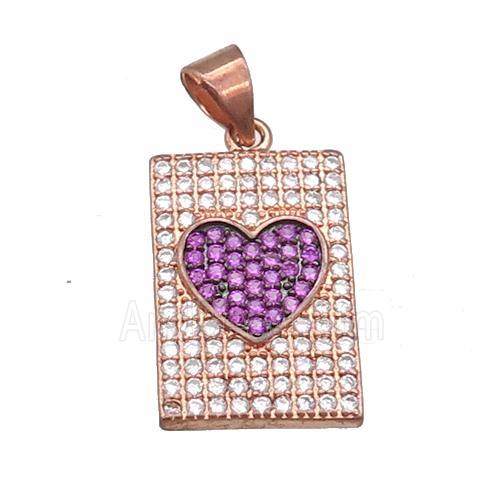 copper rectangle pendant pave zircon, heart, rose gold