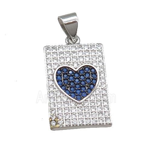 copper rectangle pendant pave zircon, heart, platinum plated