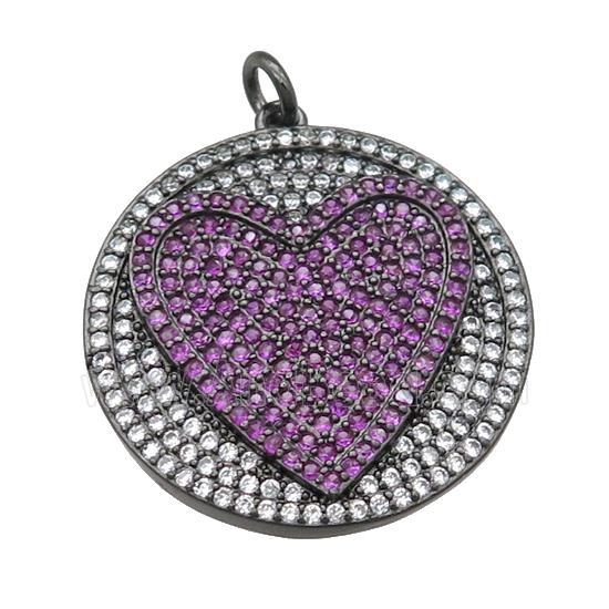 copper circle pendant pave hotpink zircon, heart, black plated