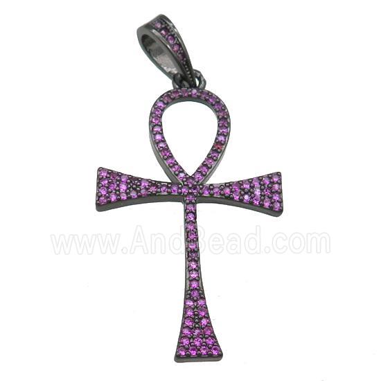 Copper Ankh Cross Pendant Pave Fuchsia Zircon Black Plated