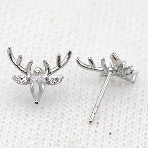 copper Reindeer Stud Earring paved zircon, platinum plated