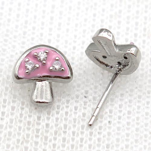 copper mushroom Stud Earring with pink Enameled, platinum plated