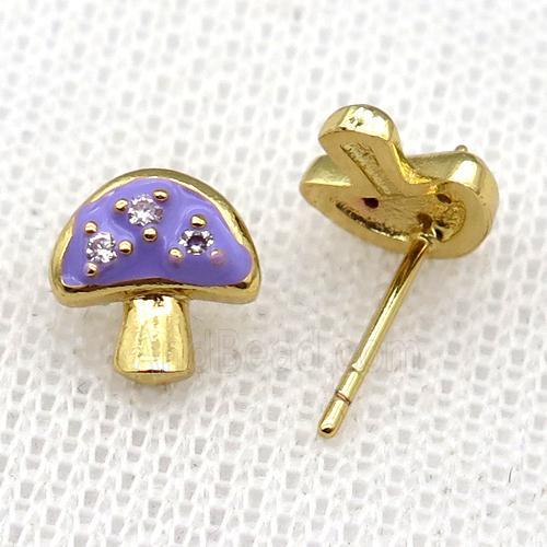 copper mushroom Stud Earring with purple Enameled, gold plated