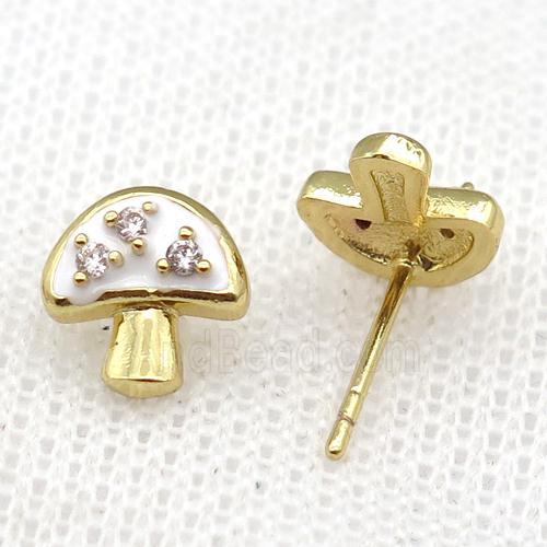 copper mushroom Stud Earring with white Enameled, gold plated