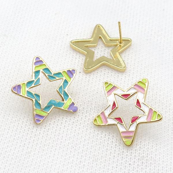 copper Star Stud Earring with Enameled, mixed, gold plated