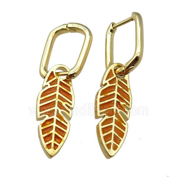 copper Latchback Earrings with Enamel Leaf, gold plated
