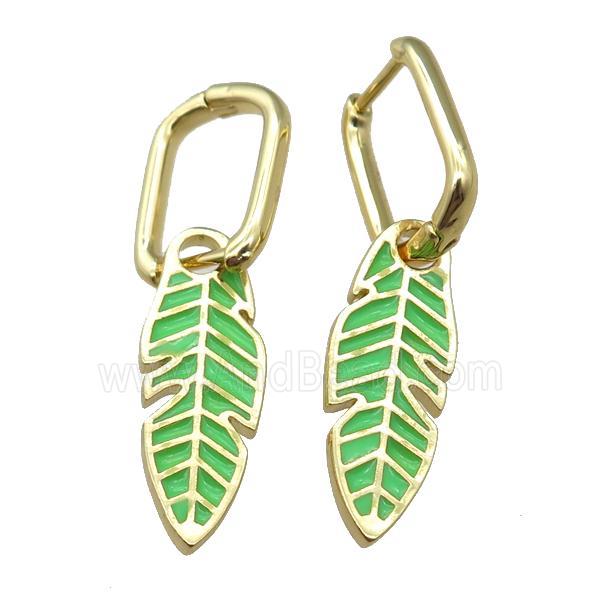 copper Latchback Earrings with Green Enamel Leaf, gold plated