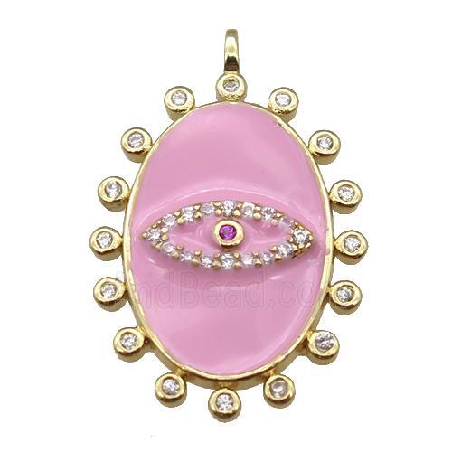 copper oval Eye pendant pave zircon with pink enamel, gold plated