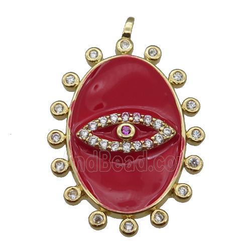 copper oval Eye pendant pave zircon with red enamel, gold plated