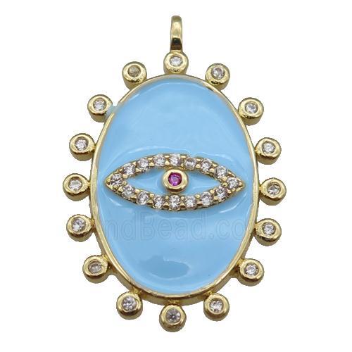 copper oval Eye pendant pave zircon with blue enamel, gold plated