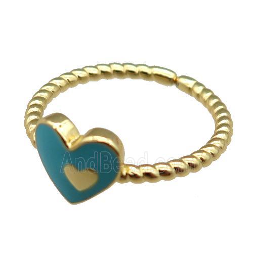 copper Ring with blue enamel heart, gold plated