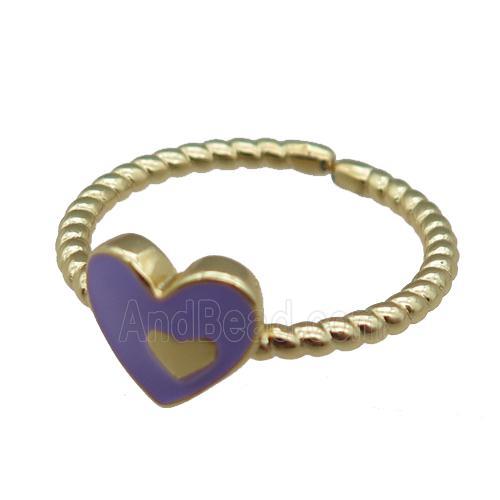 copper Ring with purple enamel heart, gold plated