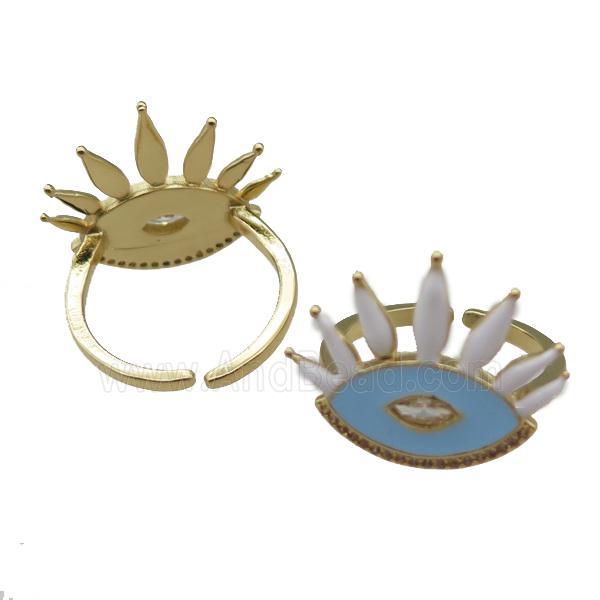 adjustable copper Rings with blue enamel eye, gold plated