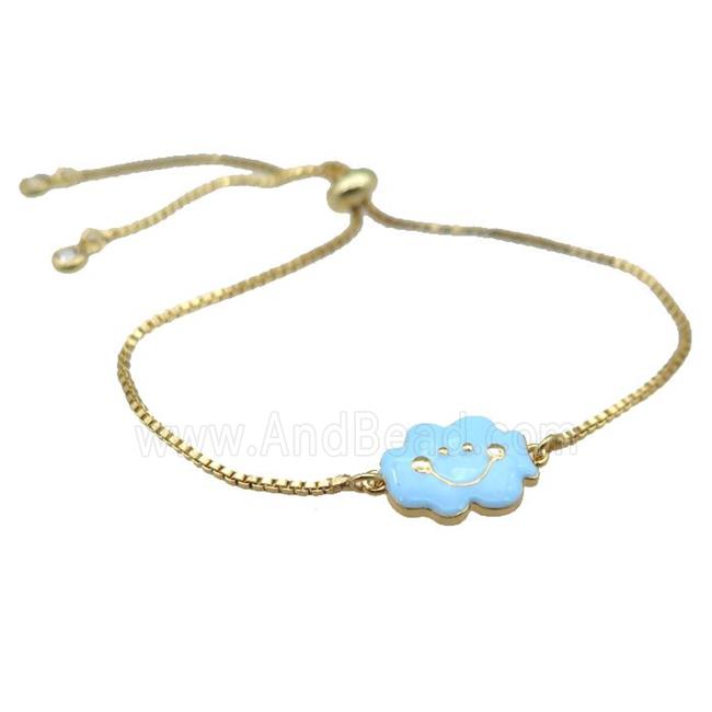 copper Bracelet with blue enamel cloudface, adjustable, gold plated