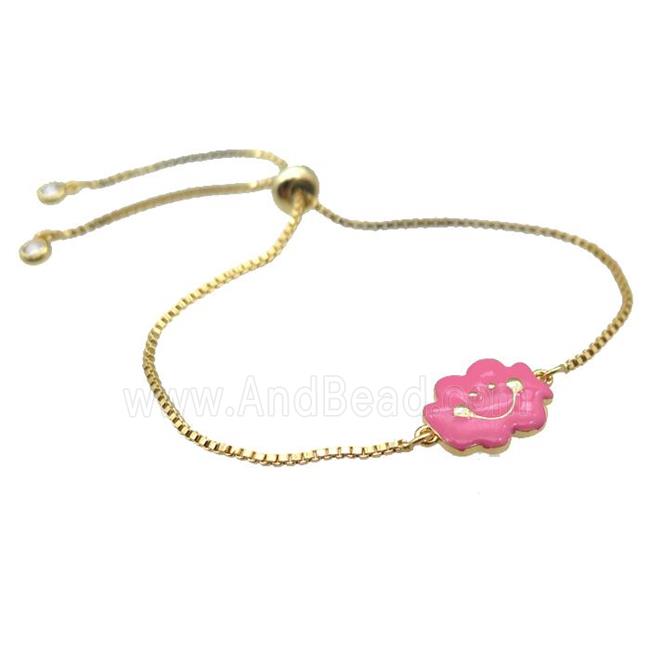 copper Bracelet with pink enamel cloudface, adjustable, gold plated