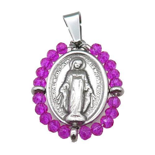 stainless steel Jesus pendant with hotpink crystal glass