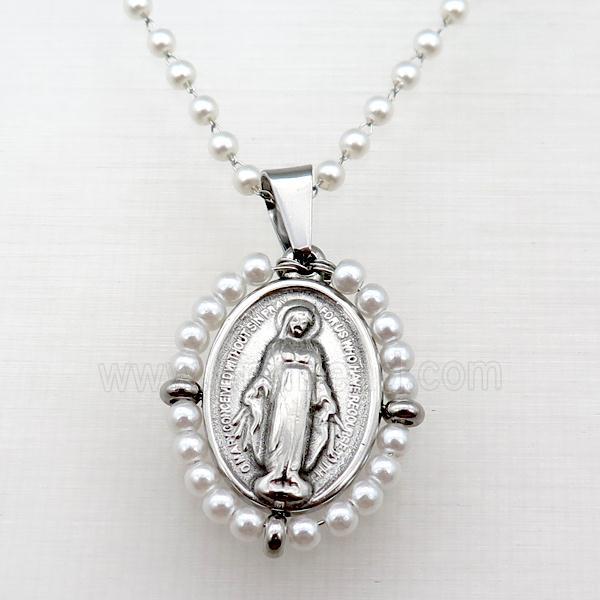 Stainless Steel Jesus Necklace White Pearlized Glass Platinum Plated