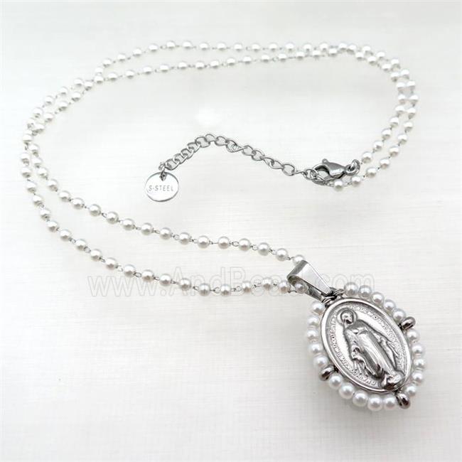 Stainless Steel Jesus Necklace White Pearlized Glass Platinum Plated