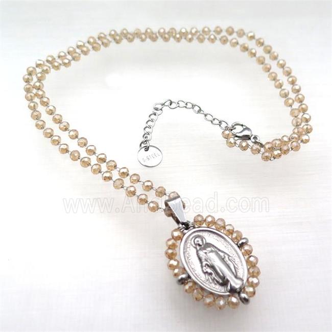 Stainless Steel Jesus Necklace Champagne Crystal Glass Platinum Plated