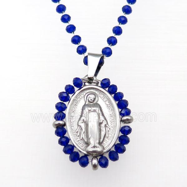 Stainless Steel Jesus Necklace Blue Crystal Glass Platinum Plated