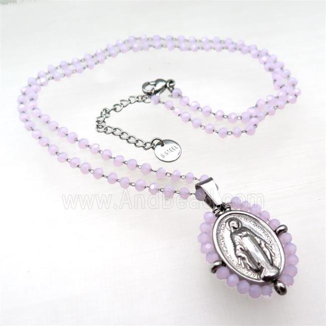 Stainless Steel Jesus Necklace Pink Crystal Glass Platinum Plated