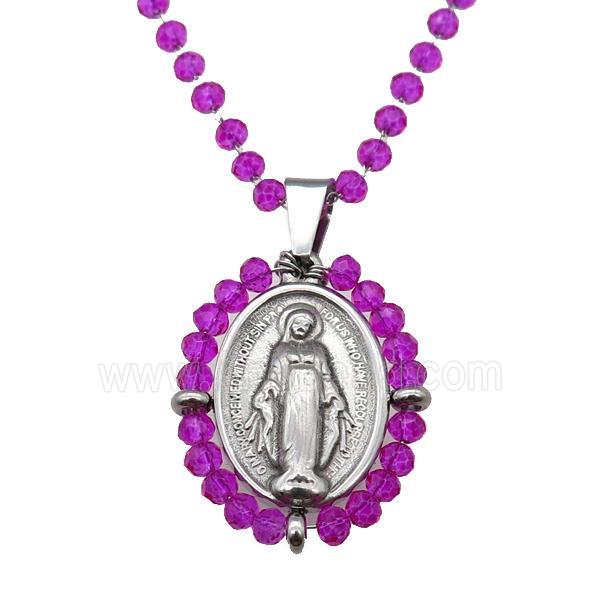 Stainless Steel Jesus Necklace Hotpink Crystal Glass Platinum Plated