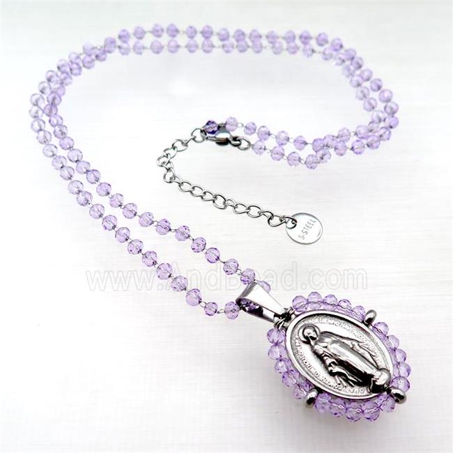 Stainless Steel Jesus Necklace Lt.purple Crystal Glass Platinum Plated