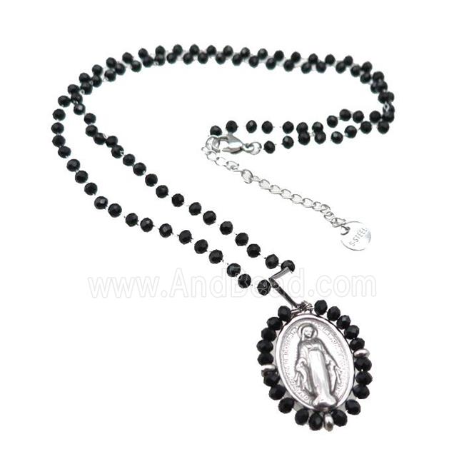 Stainless Steel Jesus Necklace Black Crystal Glass Platinum Plated