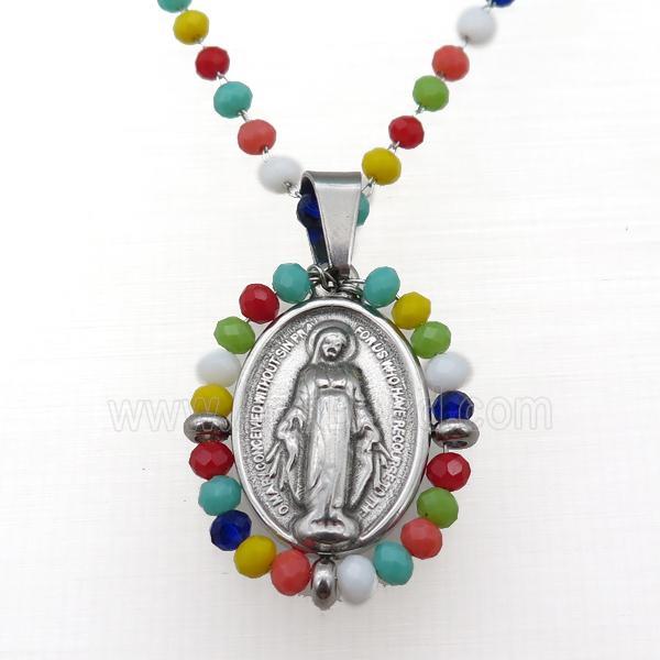 Stainless Steel Jesus Necklace Multicolor Crystal Glass Platinum Plated