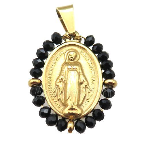 stainless steel Jesus pendant with black crystal glass wrapped, gold plated