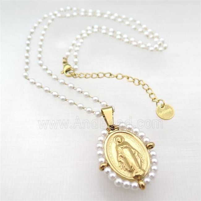 Stainless Steel Jesus Necklace White Pearlized Glass Gold Plated