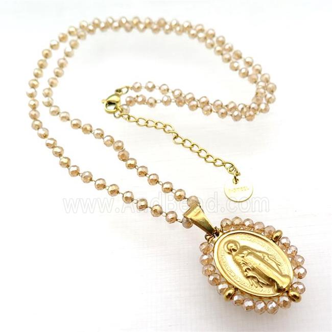 Stainless Steel Jesus Necklace Champagne Crystal Glass Gold Plated