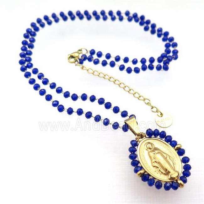 Stainless Steel Jesus Necklace Deepblue Crystal Glass Gold Plated