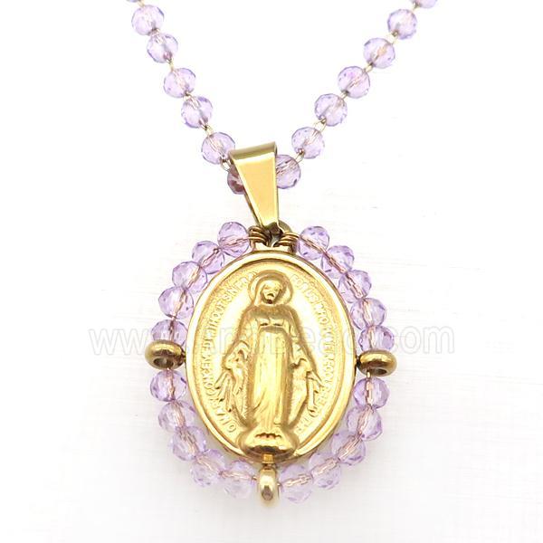 Stainless Steel Jesus Necklace Lt.purple Crystal Glass Gold Plated