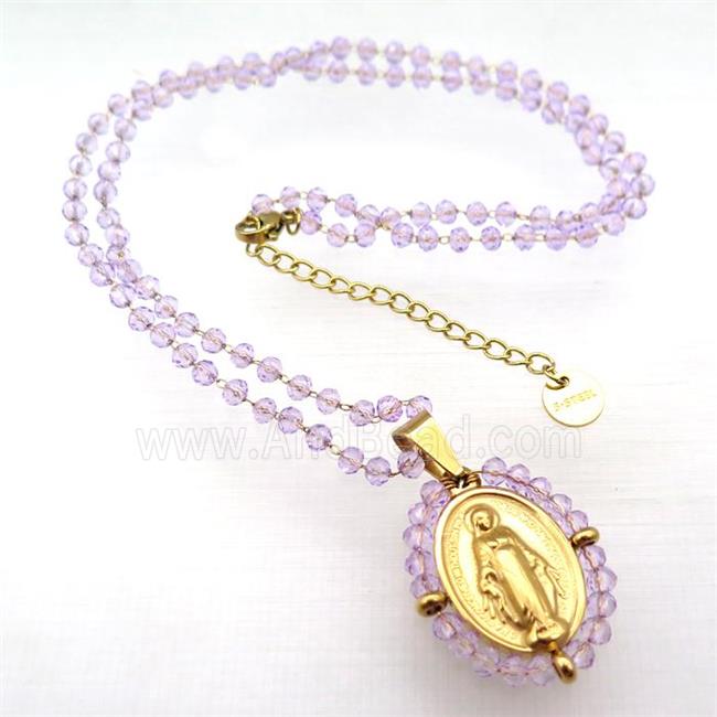 Stainless Steel Jesus Necklace Lt.purple Crystal Glass Gold Plated