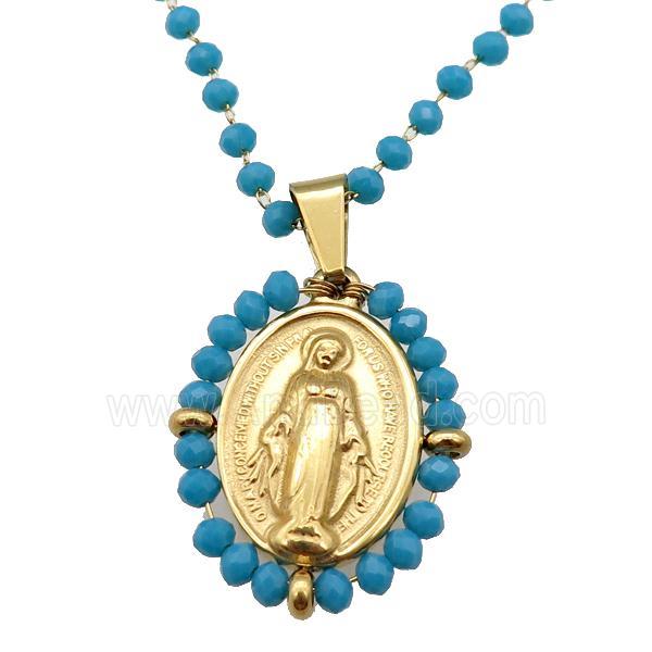 Stainless Steel Jesus Necklace Teal Crystal Glass Gold Plated