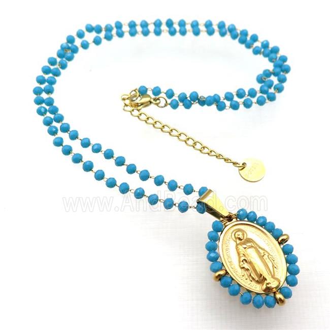 Stainless Steel Jesus Necklace Teal Crystal Glass Gold Plated