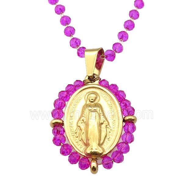 Stainless Steel Jesus Necklace Hotpink Crystal Glass Gold Plated