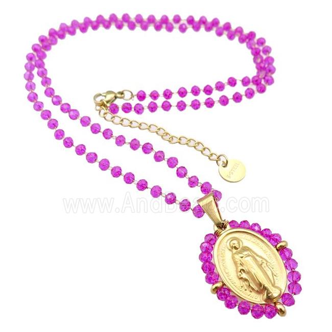 Stainless Steel Jesus Necklace Hotpink Crystal Glass Gold Plated